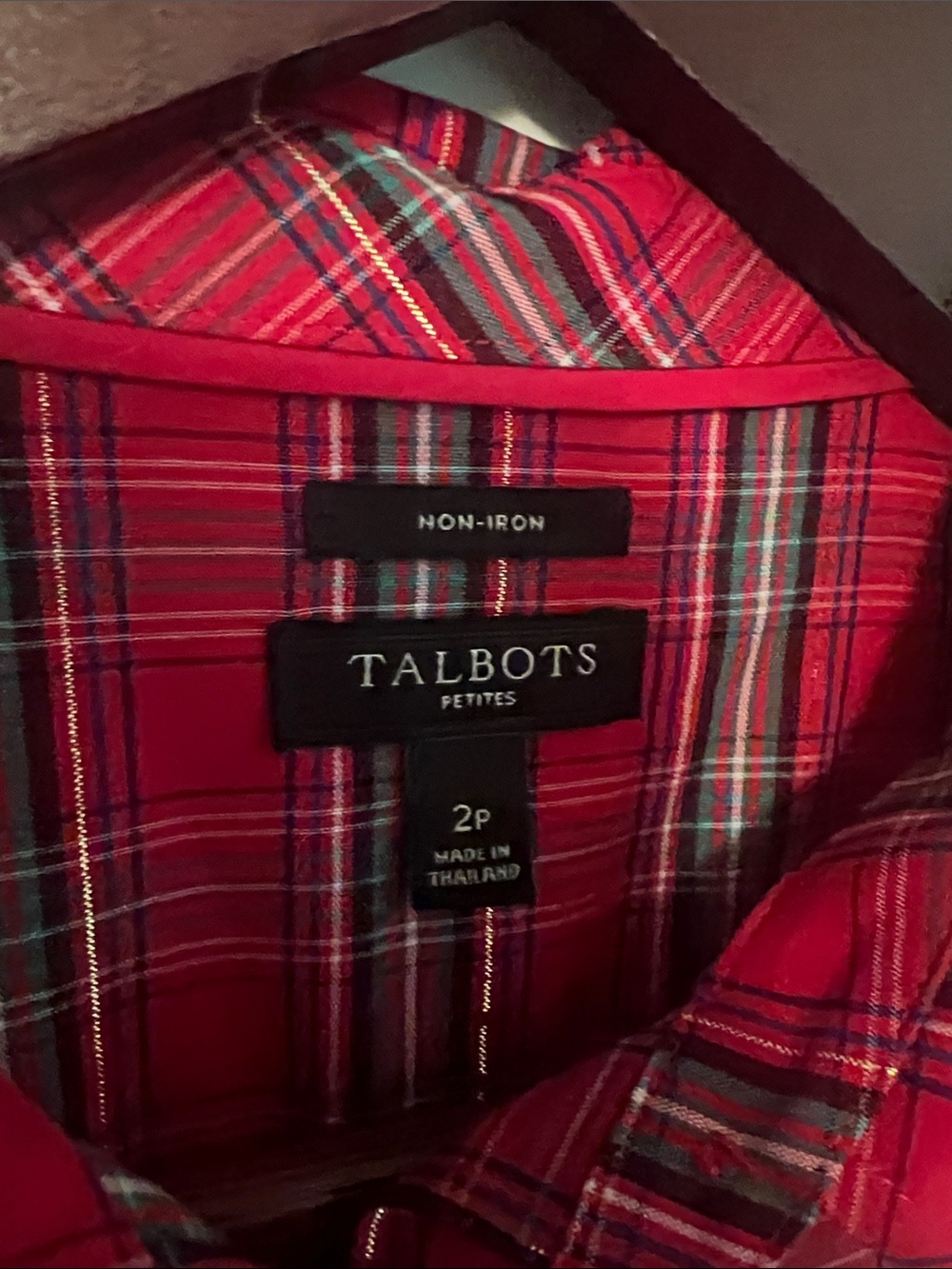 Talbots Red and Black with Gold Plaid Button-Front Shirt | Size 2 Petite - Picture 2 of 6